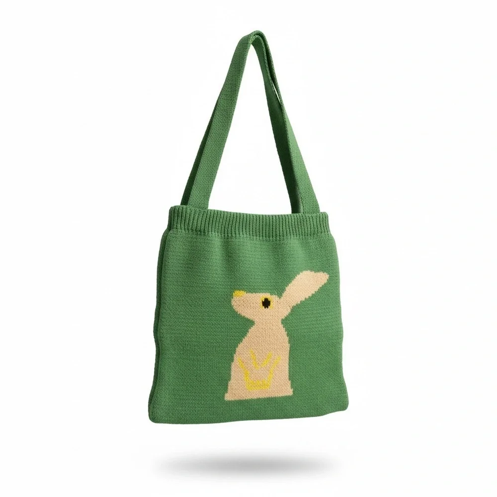 Green Knit Tote Bag with Rabbit Design